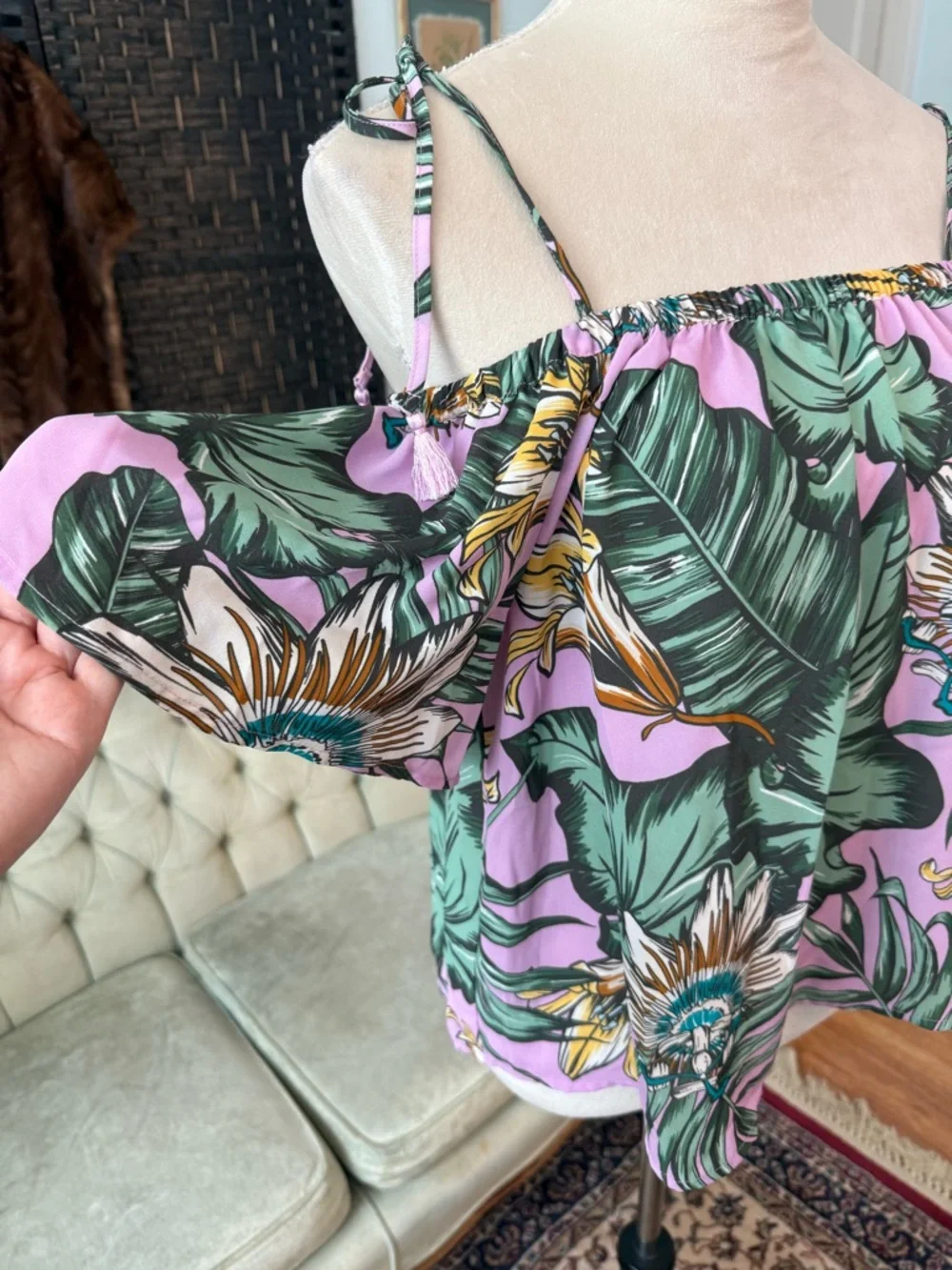 🌿🌸 J.Crew Tropical Off Shoulder Tie Strap Top Pink Green Floral Tassel Size S 🌸🌿